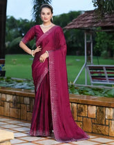 India Silk Maroon Sarees Featuring Beautiful Rangoli Patterns Enhanced With Swarovski Work On The Saree And Border